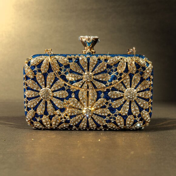 Verano Hill Blue Crystal Floral Clutch Purse with Gold Detailing NWOT - Picture 1 of 5